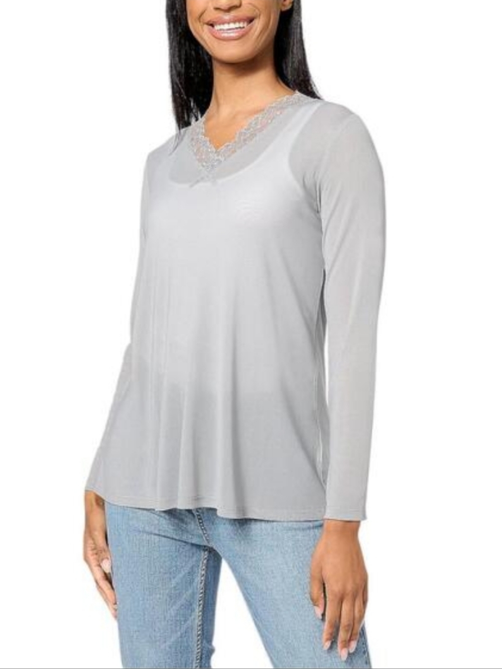 LOGO Layers by Lori Goldstein Sheer Vneck Top w Lace Trim Gray- XL